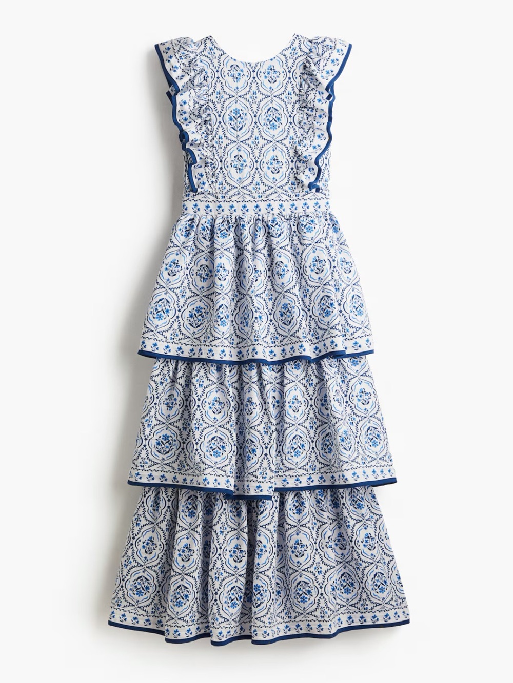 H&M White and Blue Tiered Maxi Dress with Floral Medallion Print